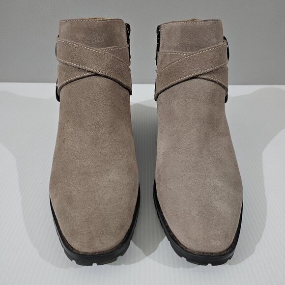 NEW Blondo Shanna Ankle Bootie Womens 7.5 Mushroom Taupe Suede Waterproof Moto - Picture 5 of 13